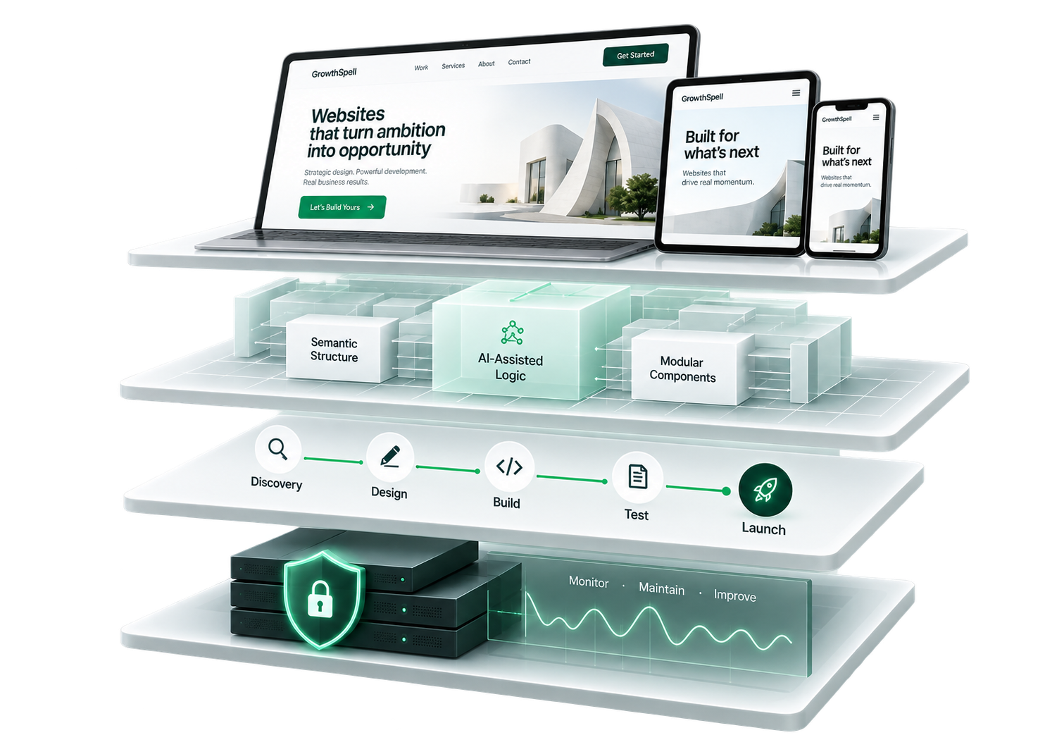 Four-layer 3D illustration showing responsive websites, scalable architecture, a development process, and monitored infrastructure