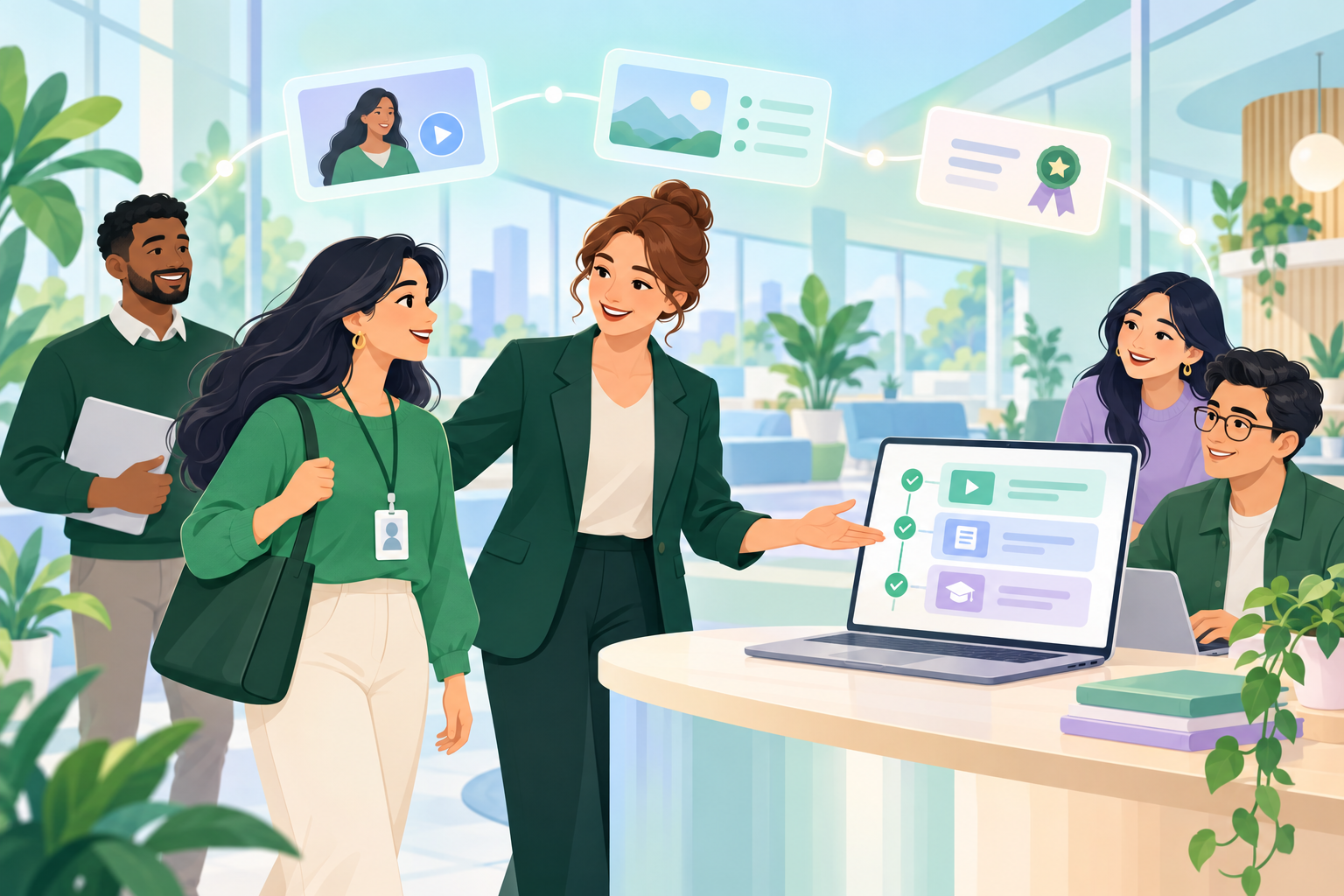 A mentor welcoming and training a new employee