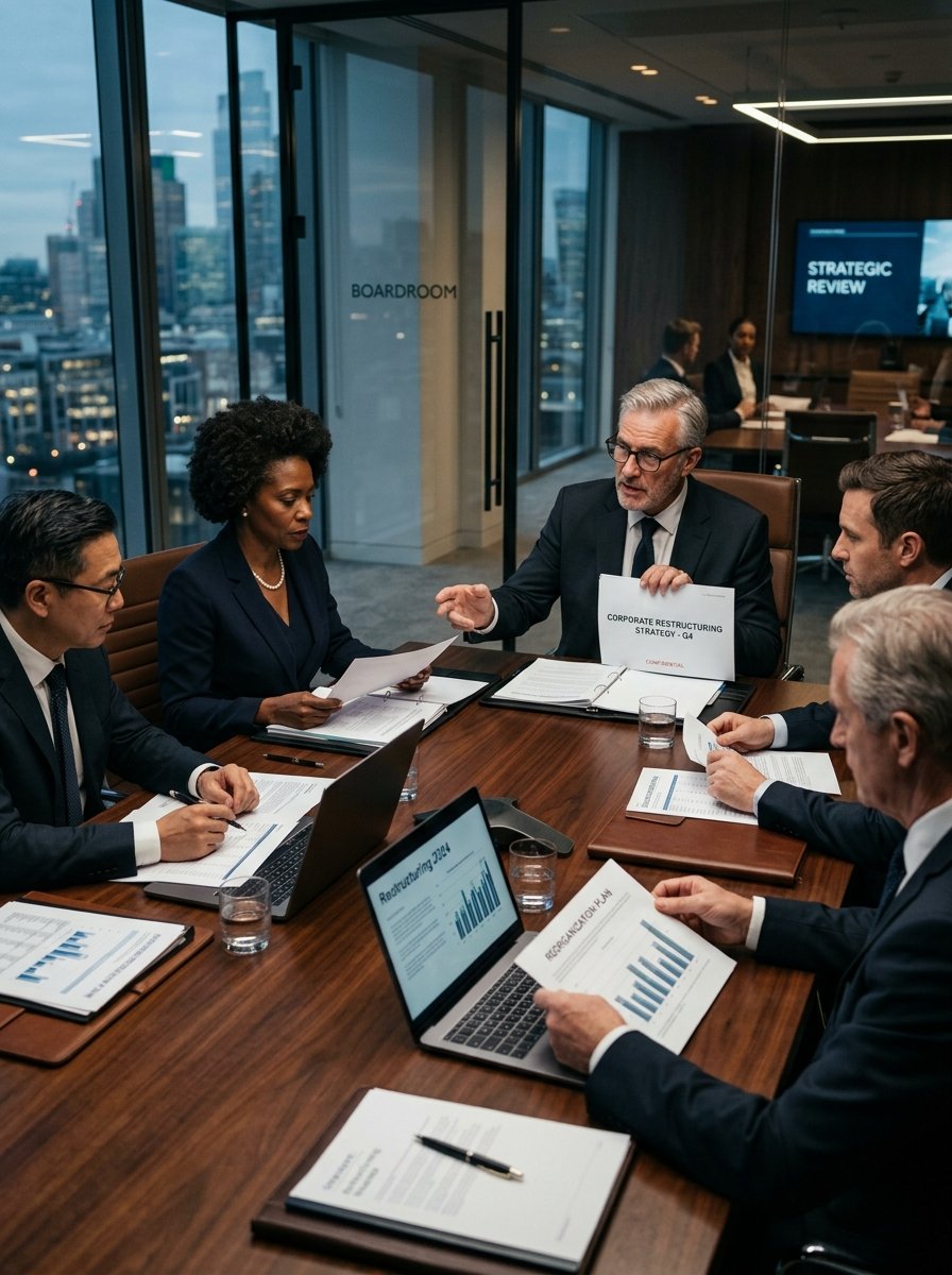 Business leaders discussing corporate restructuring