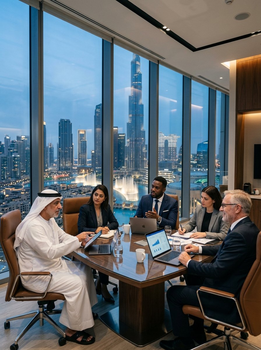 Business advisors discussing expansion in Dubai